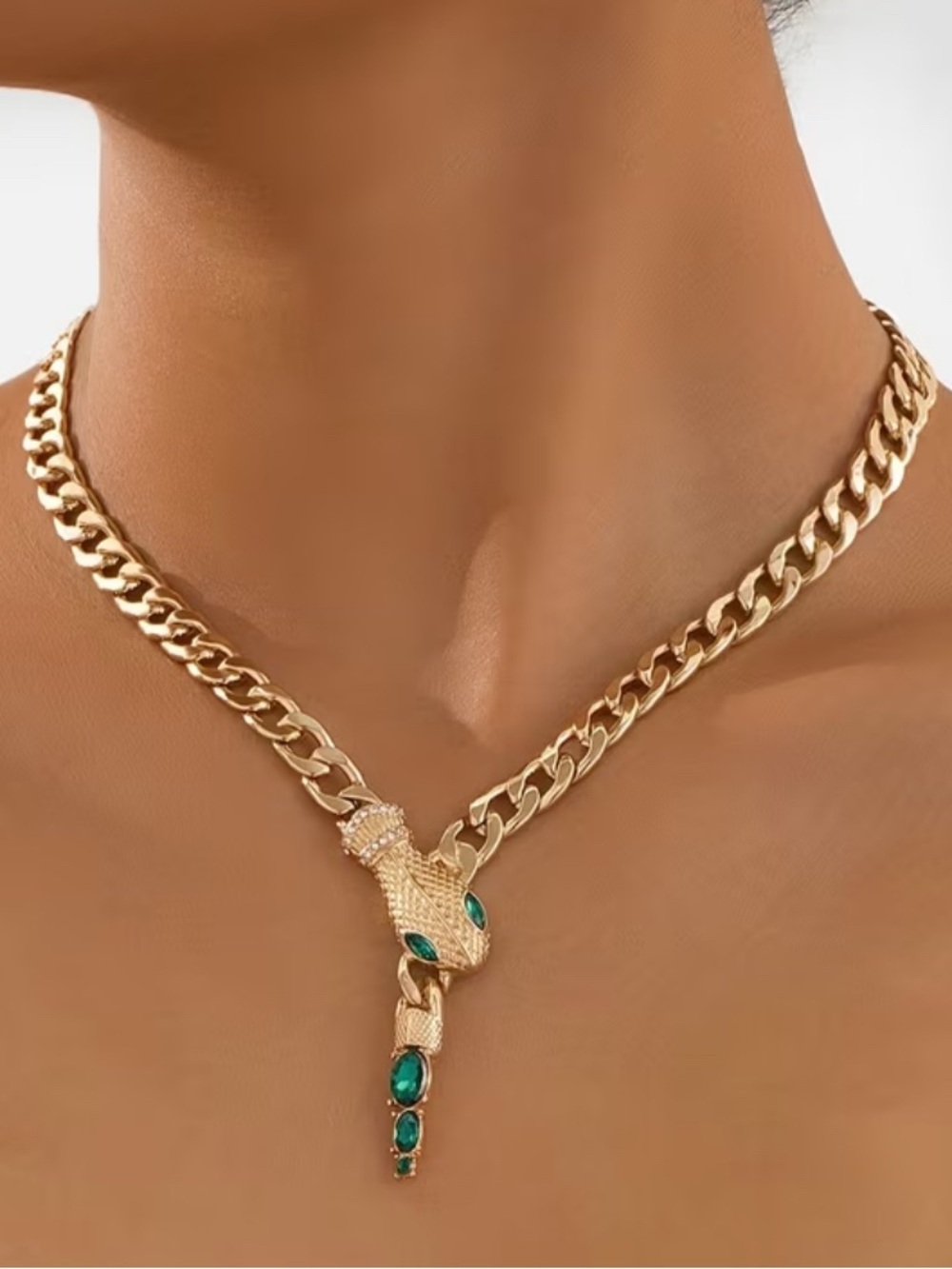 Gold Snake Chain Necklace with Emerald Green Accents